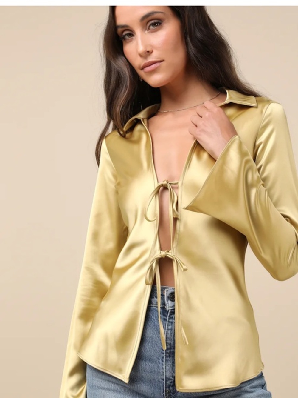 NWT Lulus Coveted Aesthetic Gold Tie-Front Long Sleeve Collared Top